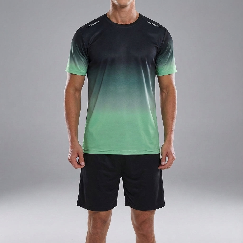 Jogging suit for men, quick-dry activewear, gray t-shirt and black shorts combo
