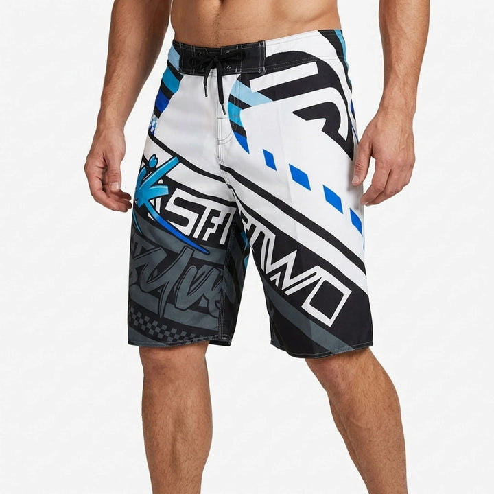 Men's geometric print quick-dry swim trunks. Stylish boardshorts for beach & pool wear.