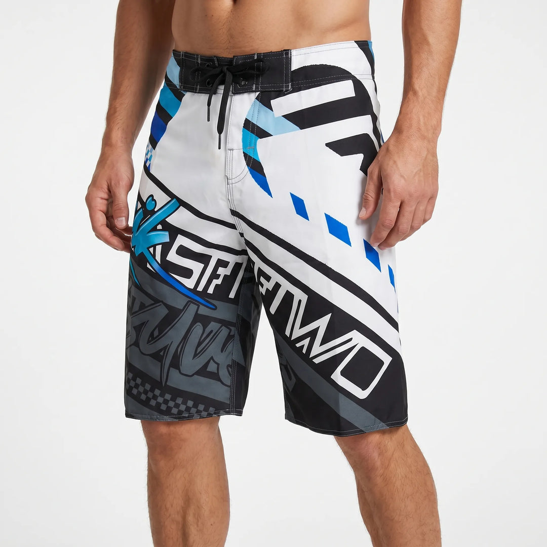 Blue quick-dry men's swim trunks with modern geometric print, ideal beach & pool boardshorts.