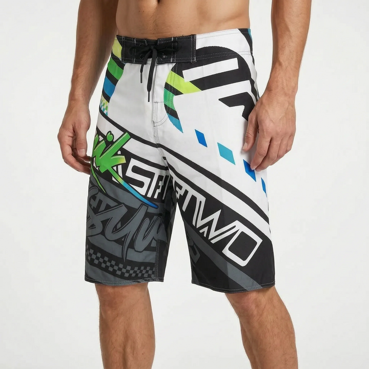 Green printed quick-dry men's boardshorts, stylish swimwear for active beach & pool days.
