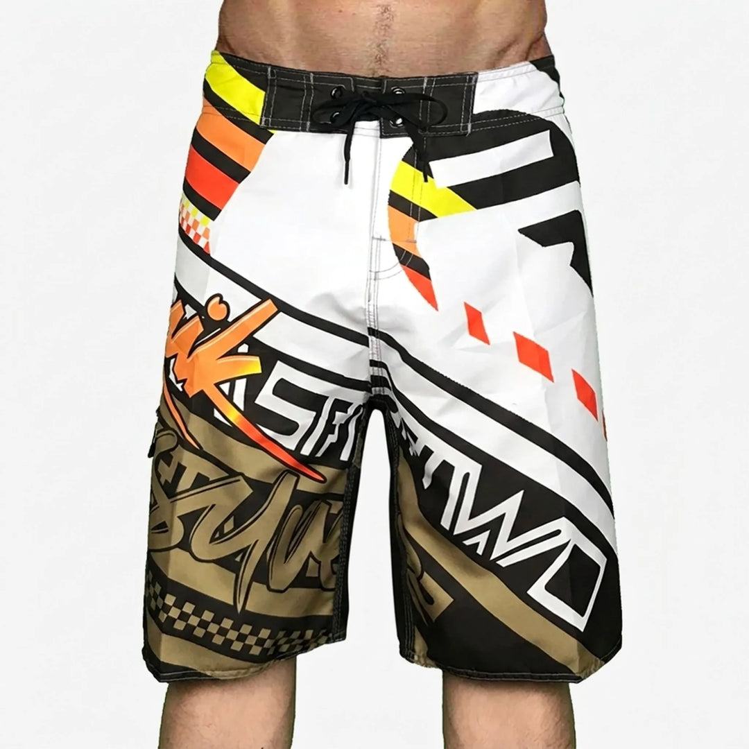 Orange geometric print men's swim trunks, quick-dry vacation style boardshorts for beach & pool.