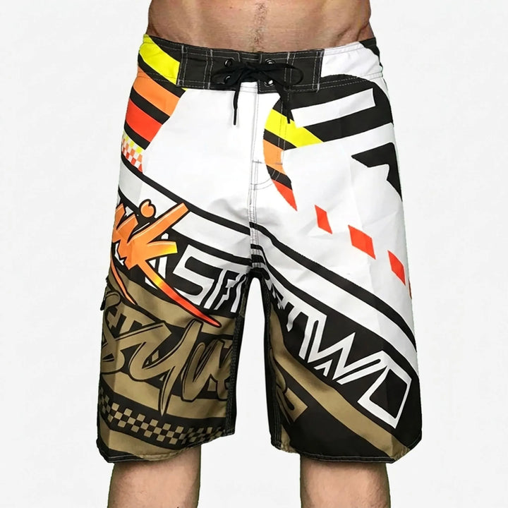 Orange geometric print men's swim trunks, quick-dry vacation style boardshorts for beach & pool.