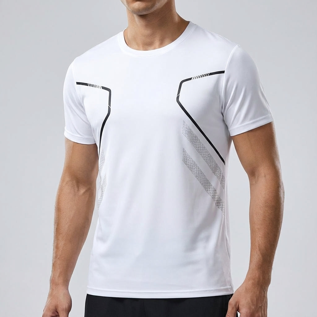 Sportswear men's apparel: quick-dry, breathable t-shirt with a modern unique print, Kurt style