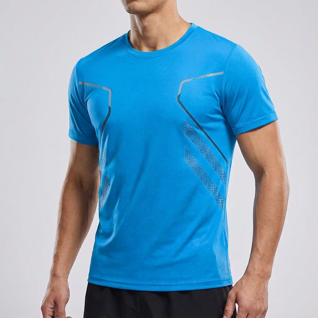 Front view of men's quick-dry sport t-shirt, Kurt design, showcasing its unique and active print