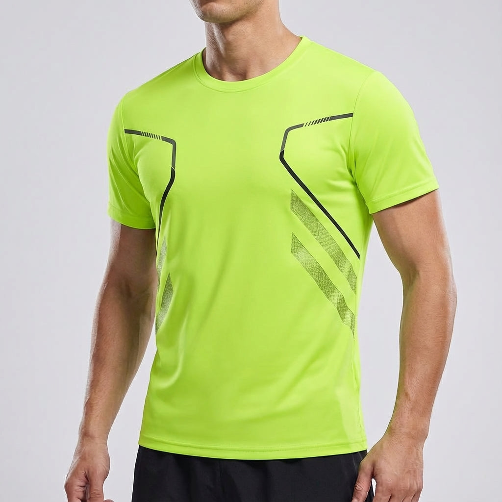 Detail of the breathable fabric and unique print of the men's quick-dry sport t-shirt, Kurt