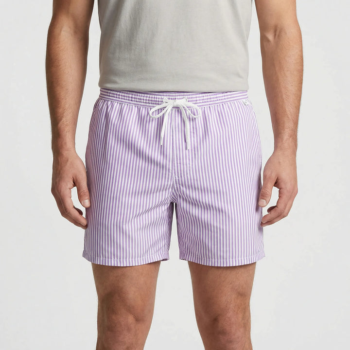 Versatile men's striped swim shorts, quick-drying for beach, pool, and summer vacation wear.