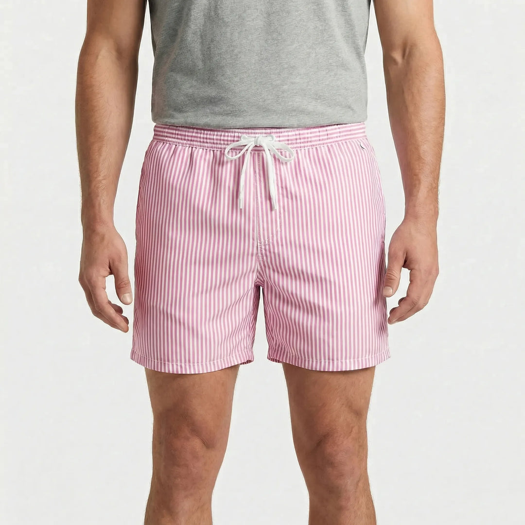 Striped quick-dry men's swim shorts with drawstring, ideal for swimming and beachwear.