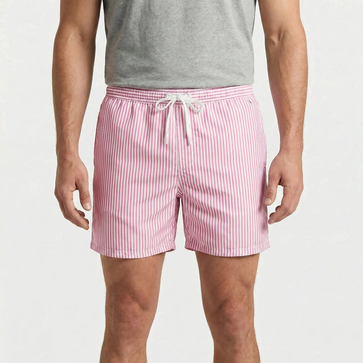 Striped quick-dry men's swim shorts with drawstring, ideal for swimming and beachwear.