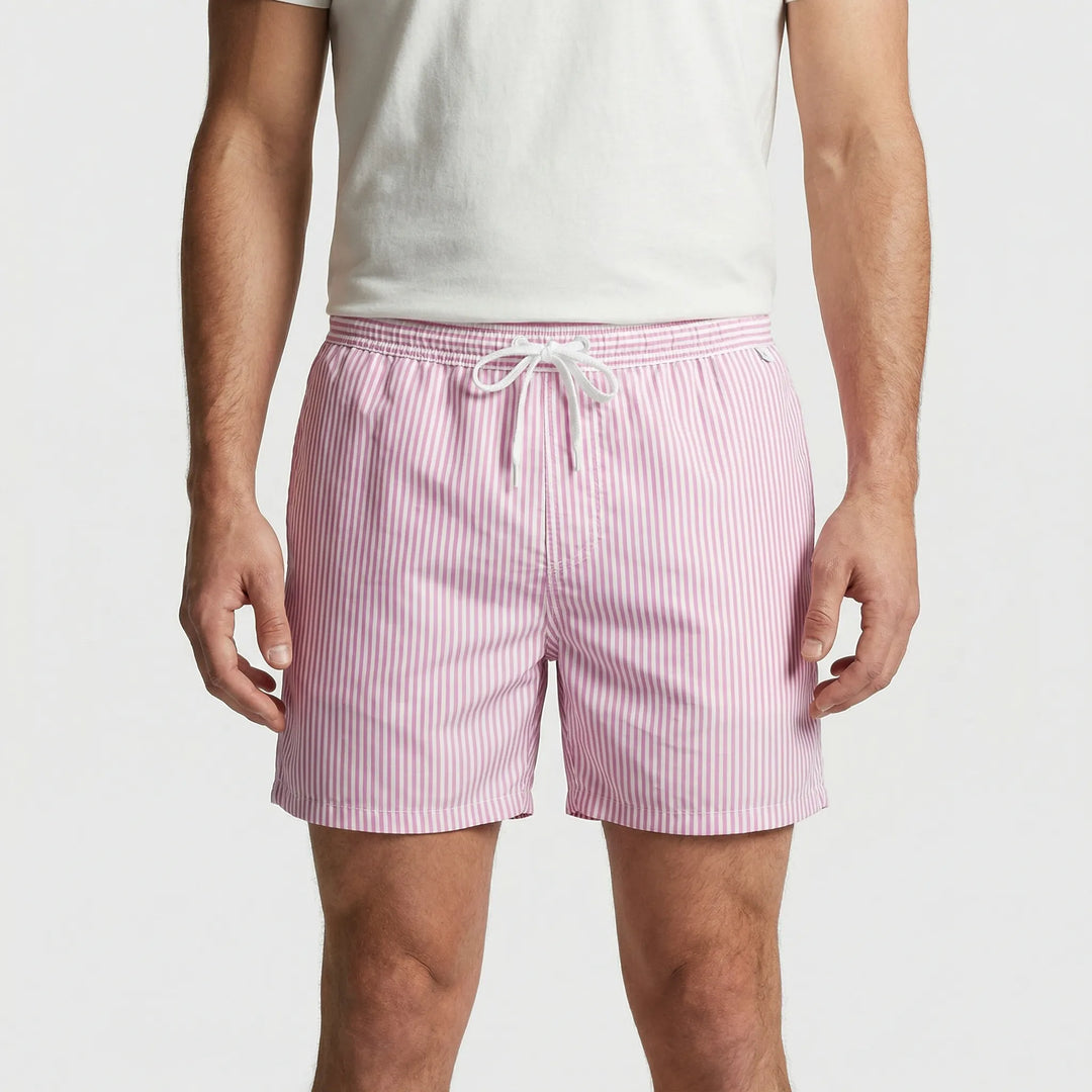 Stylish striped men's swim shorts, quick-drying and comfortable for summer fashion and travel.