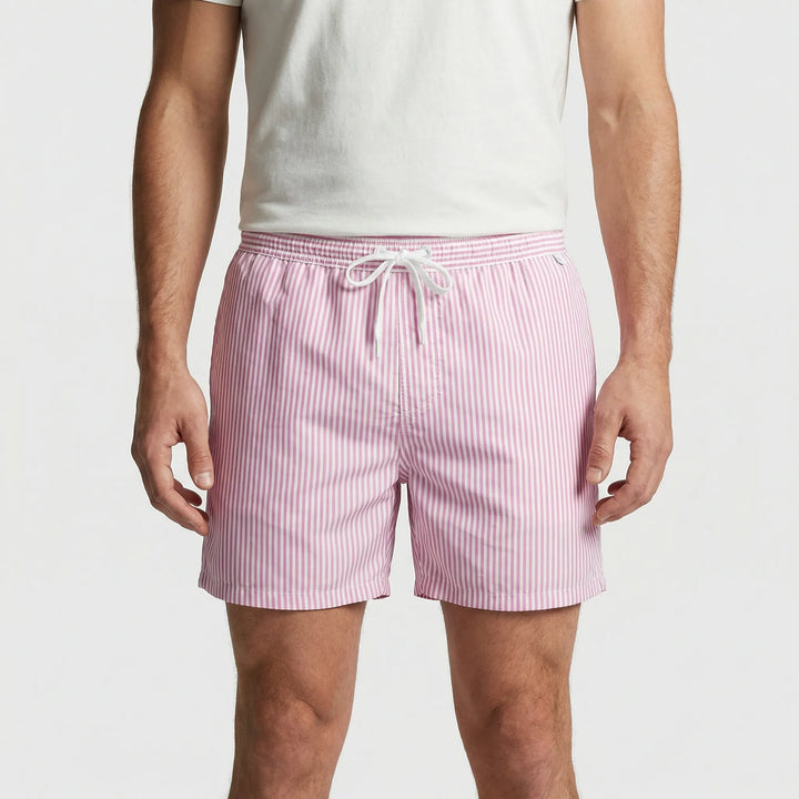 Stylish striped men's swim shorts, quick-drying and comfortable for summer fashion and travel.