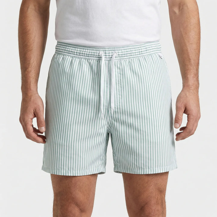 Blue and white striped quick-dry swim trunks for men, great for beach holidays and pool parties.
