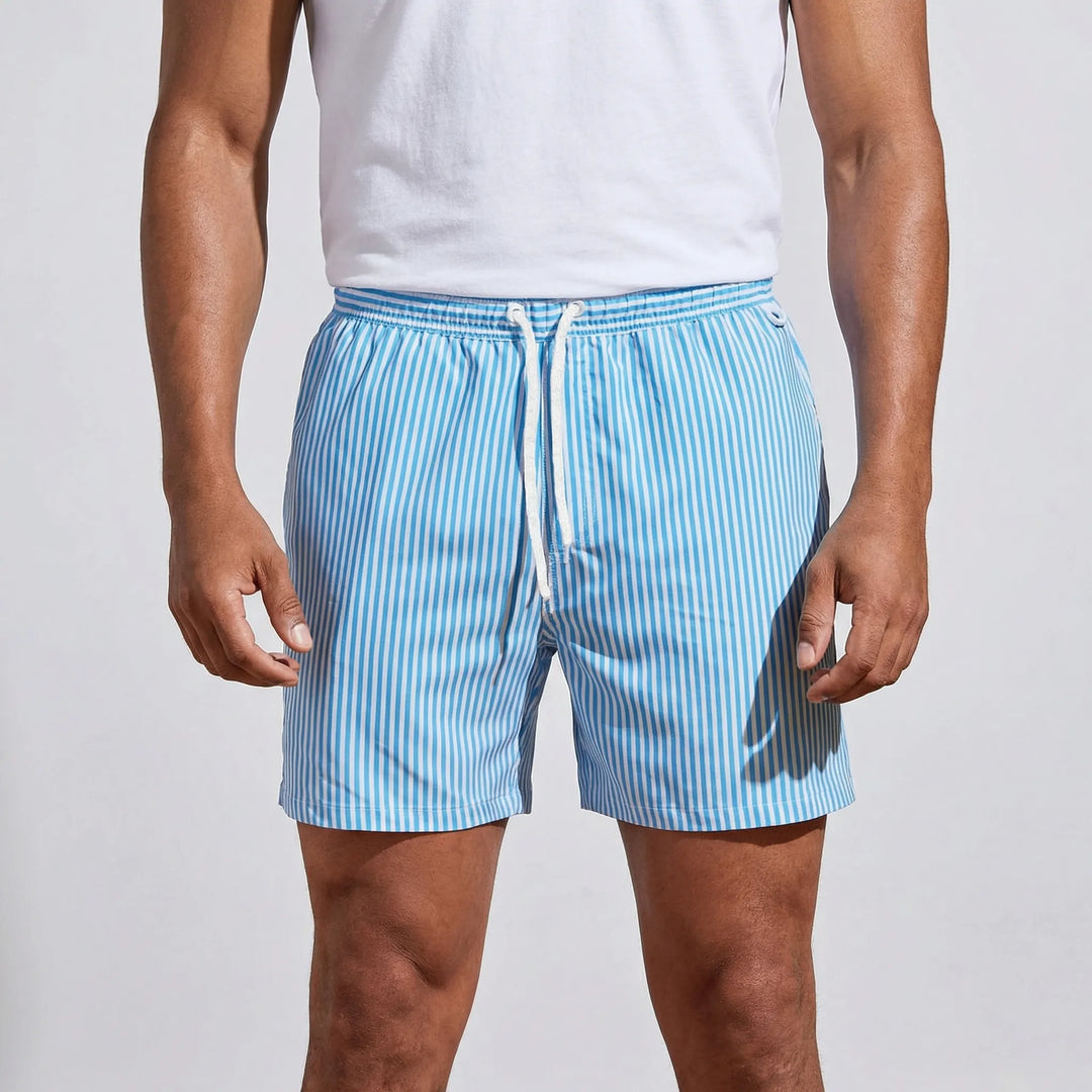 Men's quick-dry striped swimwear, perfect vacation essential for beach, pool, and water sports.