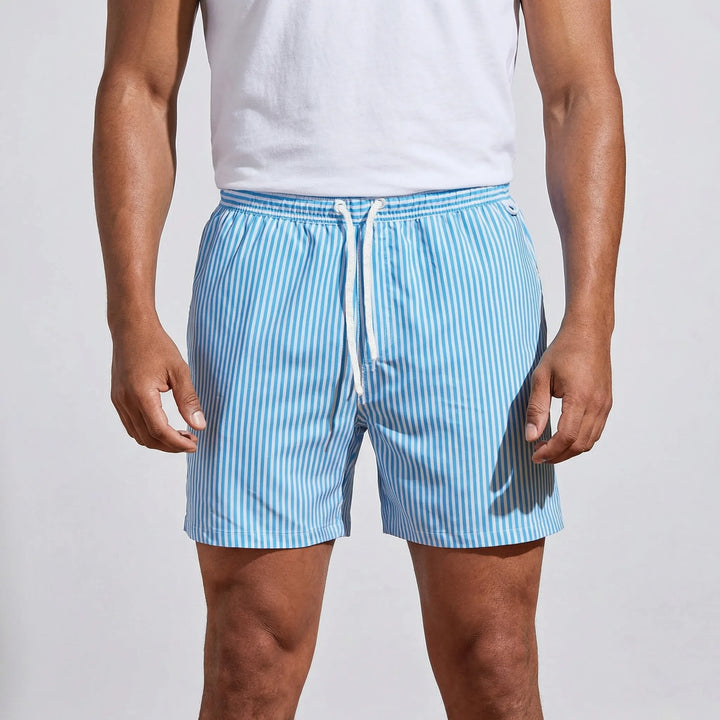 Men's quick-dry striped swimwear, perfect vacation essential for beach, pool, and water sports.