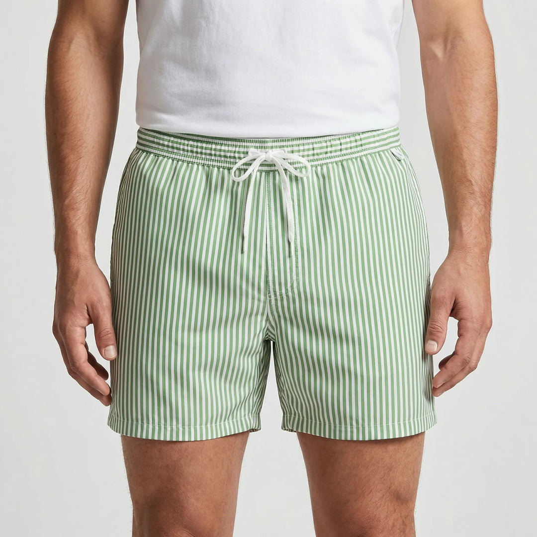 Striped beach shorts for men, quick-dry design with elastic waist for summer comfort and style.