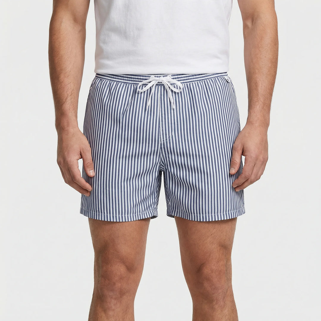 Quick-dry men's swim shorts featuring a classic striped pattern, great for summer fashion.