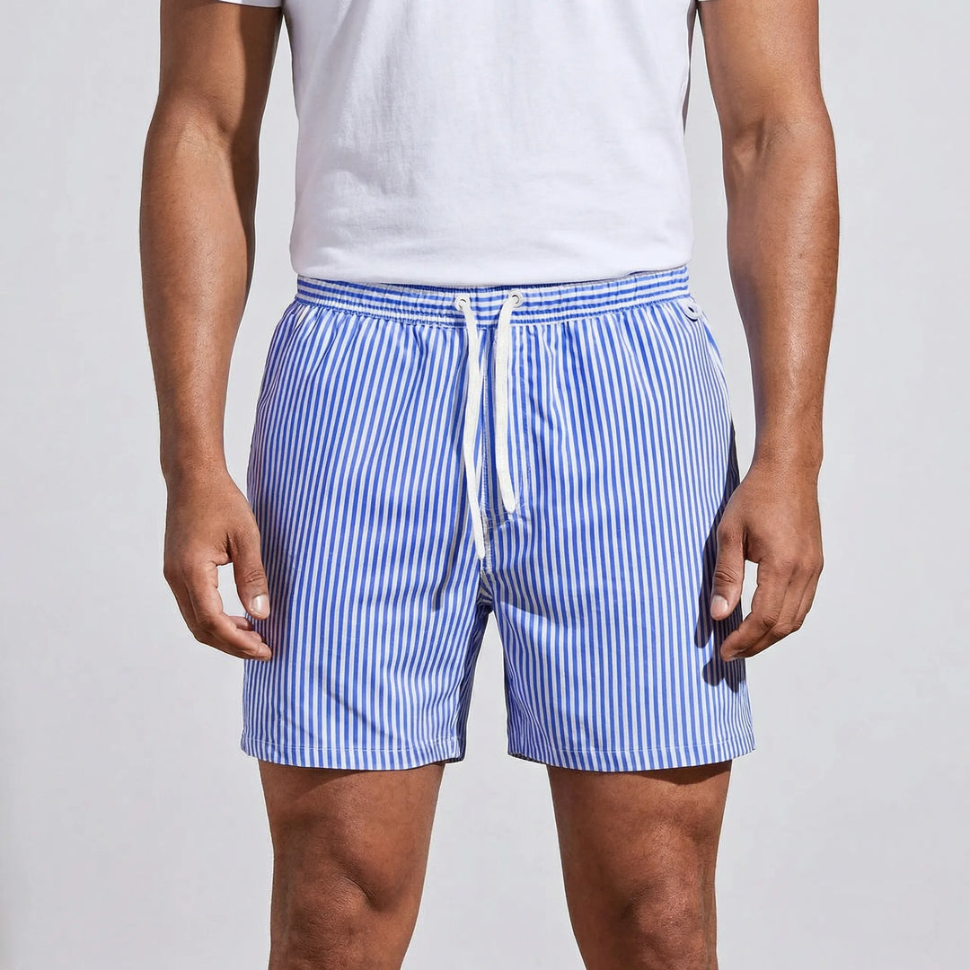 Men's summer quick-dry swim trunks, striped pattern and drawstring closure for a secure fit.