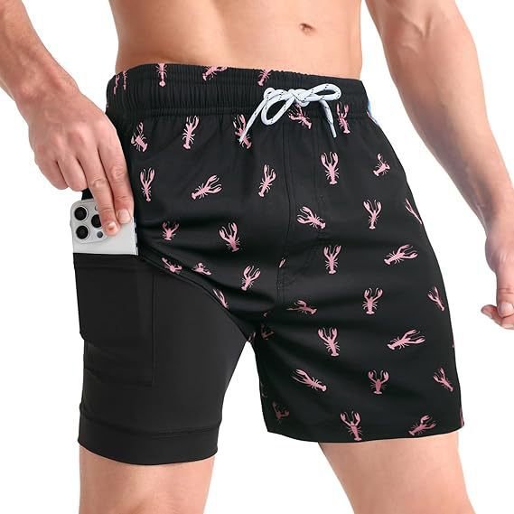 Quick dry men's swim shorts with tropical print, suitable for beach, pool, and water sports activities.
