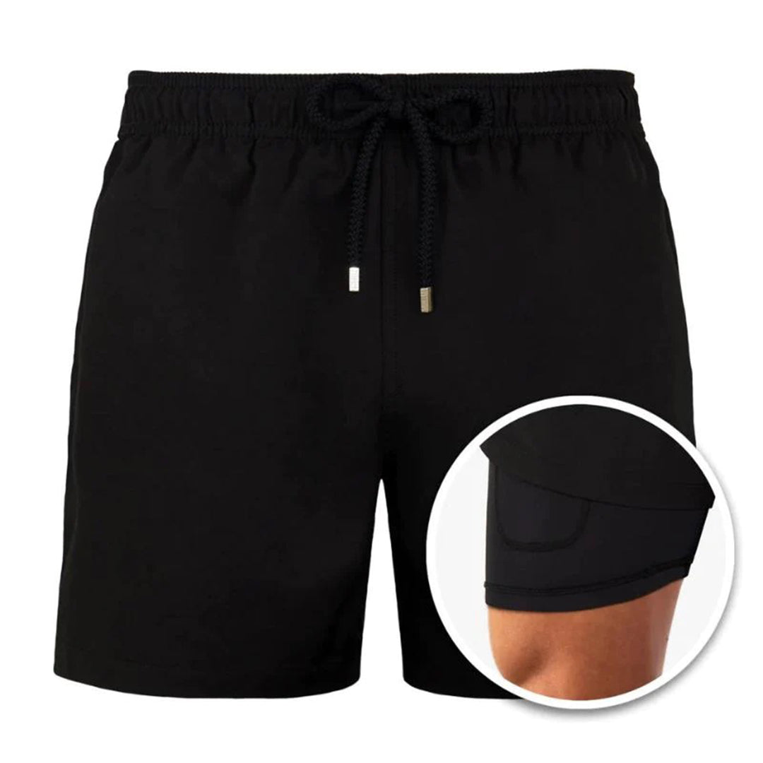 Flat lay of men's patterned swim shorts, showing quick-dry material and vibrant design. Beach basics.