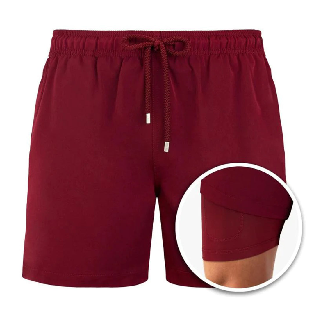 Detail of pocket on men's printed swim shorts, showcasing quick-dry material and quality stitching.