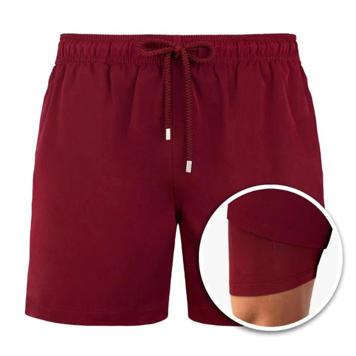 Detail of pocket on men's printed swim shorts, showcasing quick-dry material and quality stitching.