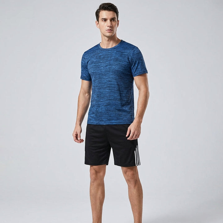 Front shot of men's training outfit, highlighting athletic fit and quick-dry material
