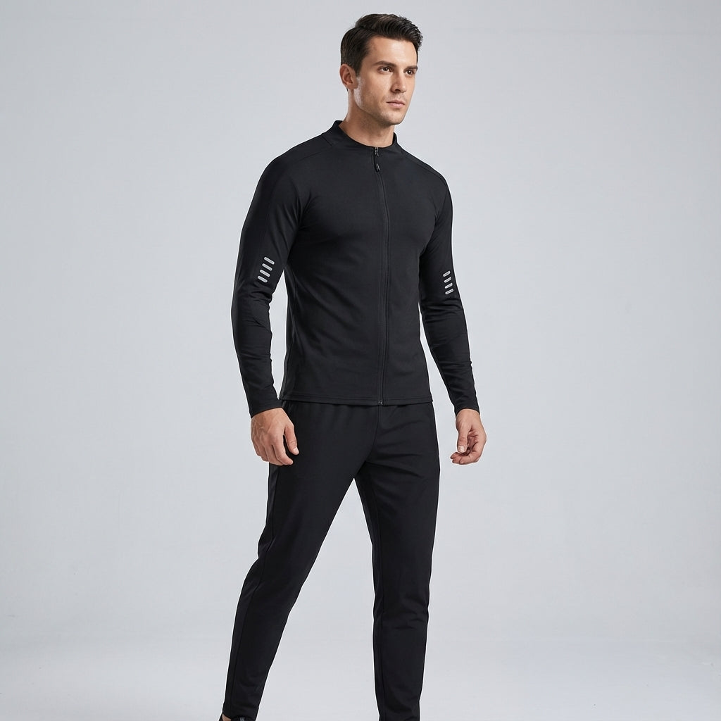 Close-up of the breathable, stretch polyester fabric of the men's quick dry training set