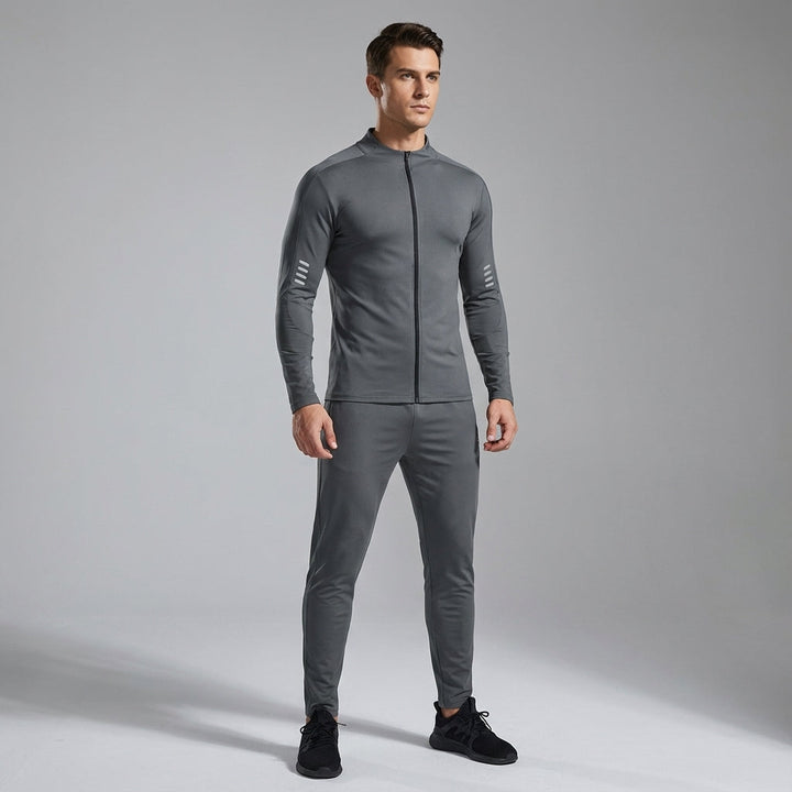 Men's quick-drying training set with detailed view of the top and bottoms, made from stretch polyester