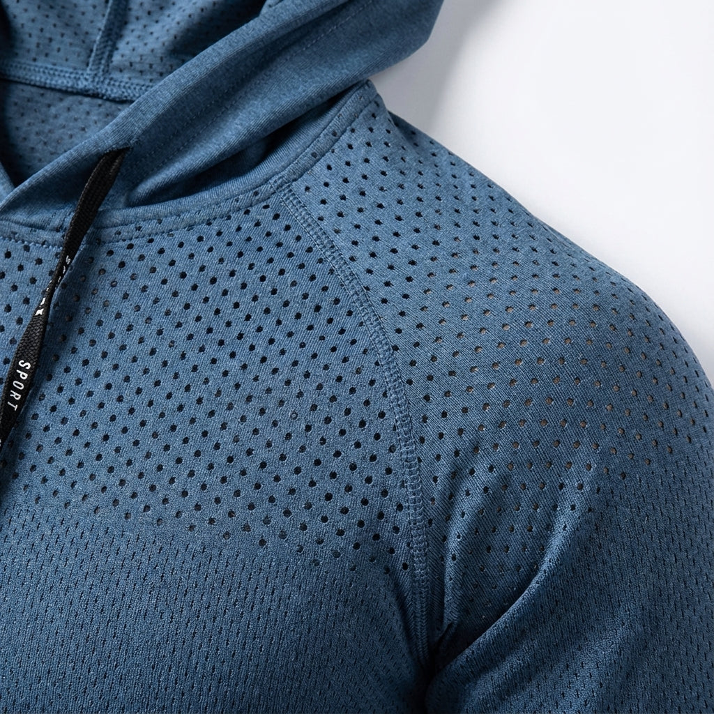 Close-up of fabric on men's quick-drying sports shirt, showcasing premium performance material.