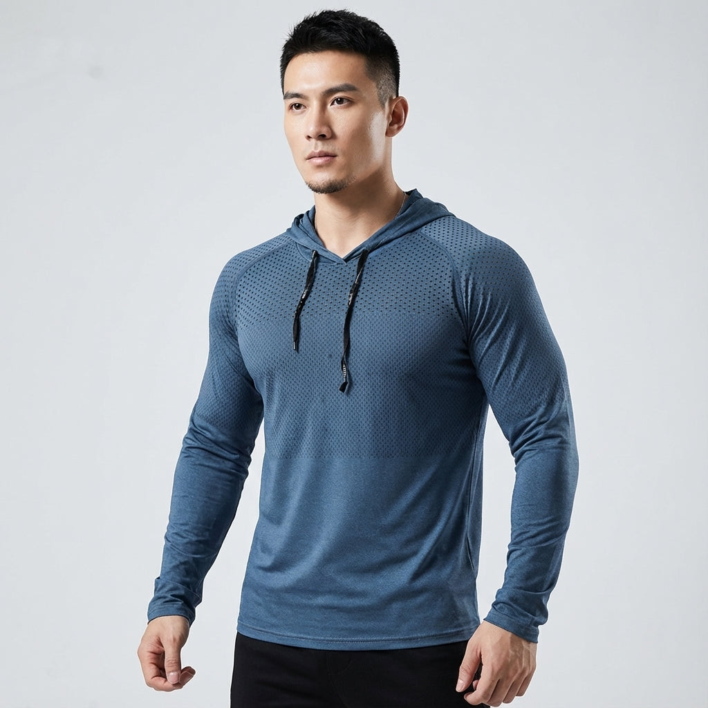 Man wearing a men's quick-drying performance sports shirt, demonstrating its comfortable fit.