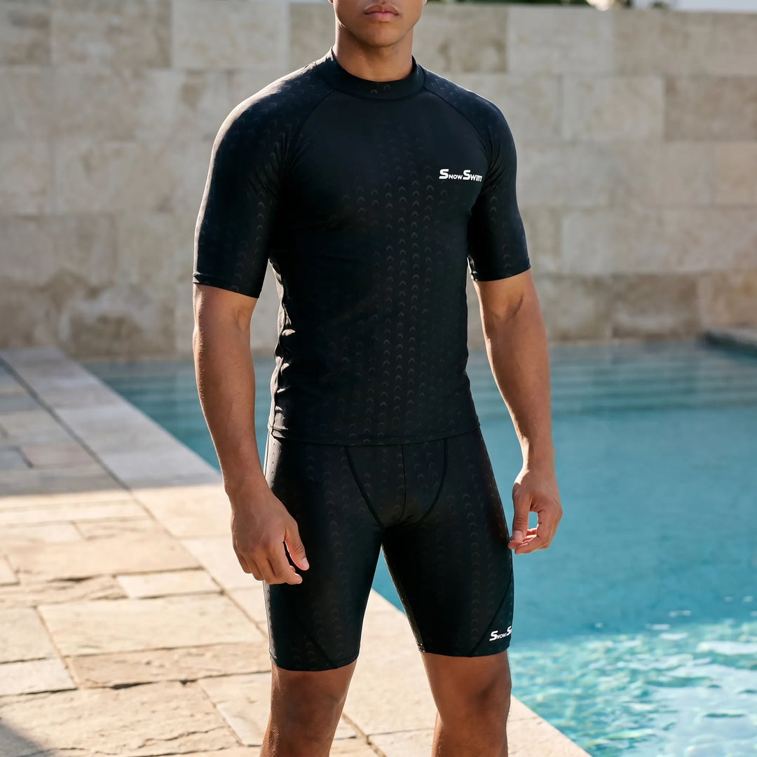 Men's quick-drying short-sleeve swim shirt, ideal for beach & pool days, offers sun protection.
