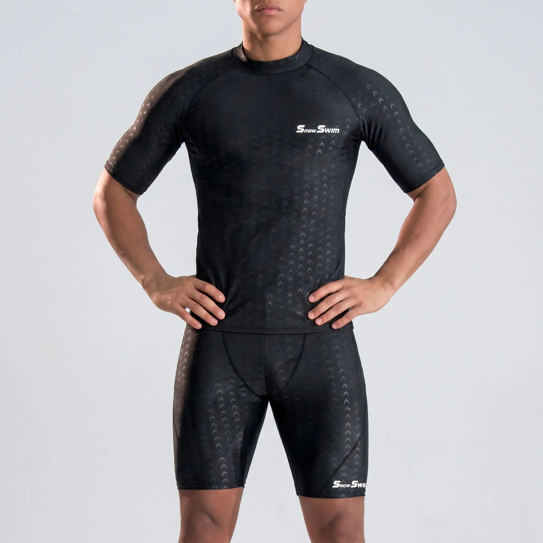 Quick-dry men's rash guard with textured design, perfect for athletic swim and active wear.