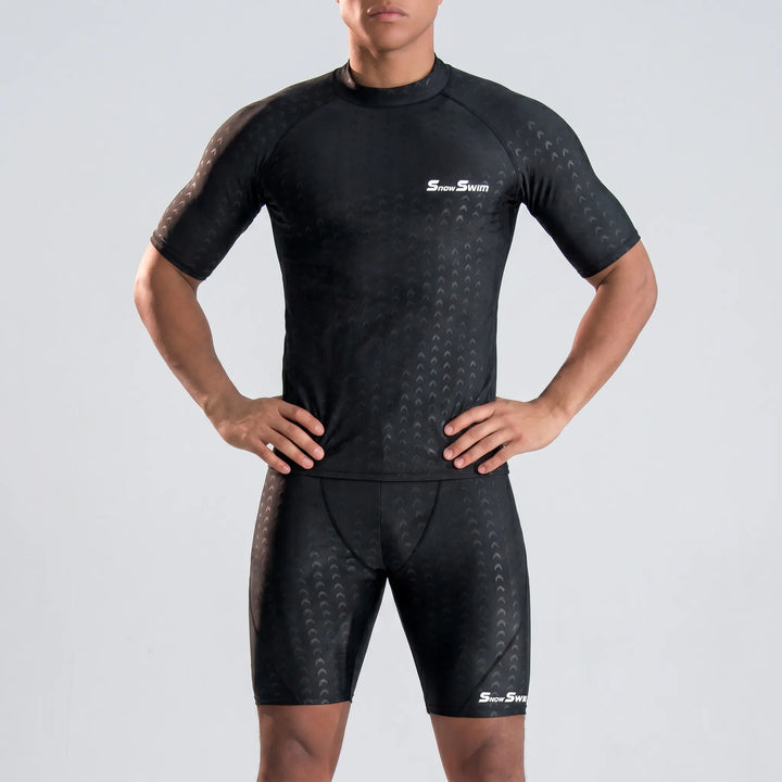 Quick-dry men's rash guard with textured design, perfect for athletic swim and active wear.