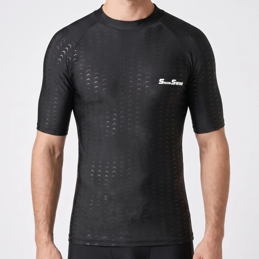 Stylish men's short-sleeve quick-dry rash guard, providing sun protection for beach & pool days.