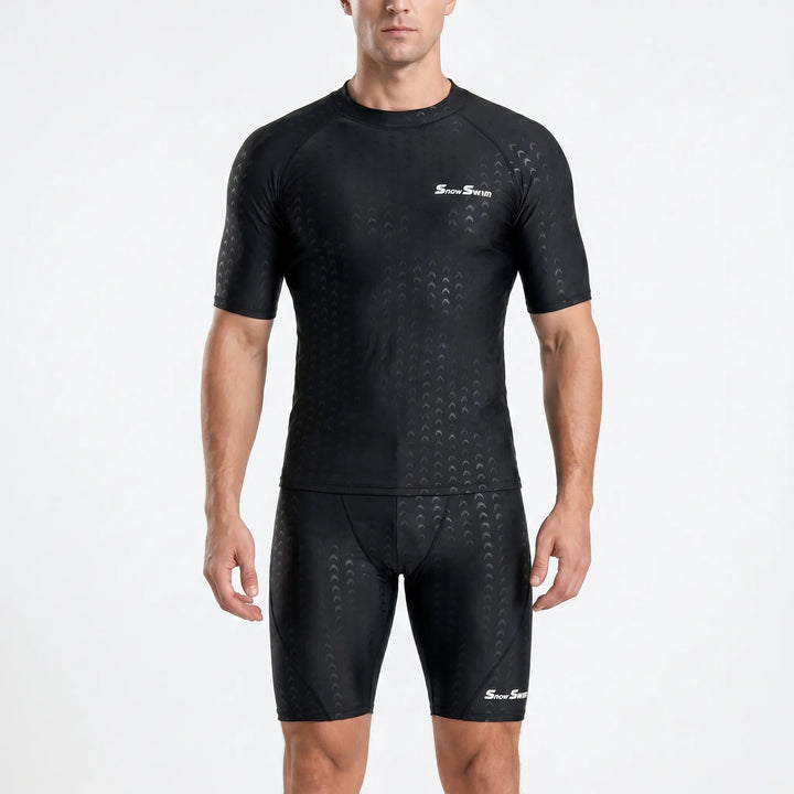 Men's textured quick-drying short-sleeve swim shirt, essential active swimwear for summer apparel.