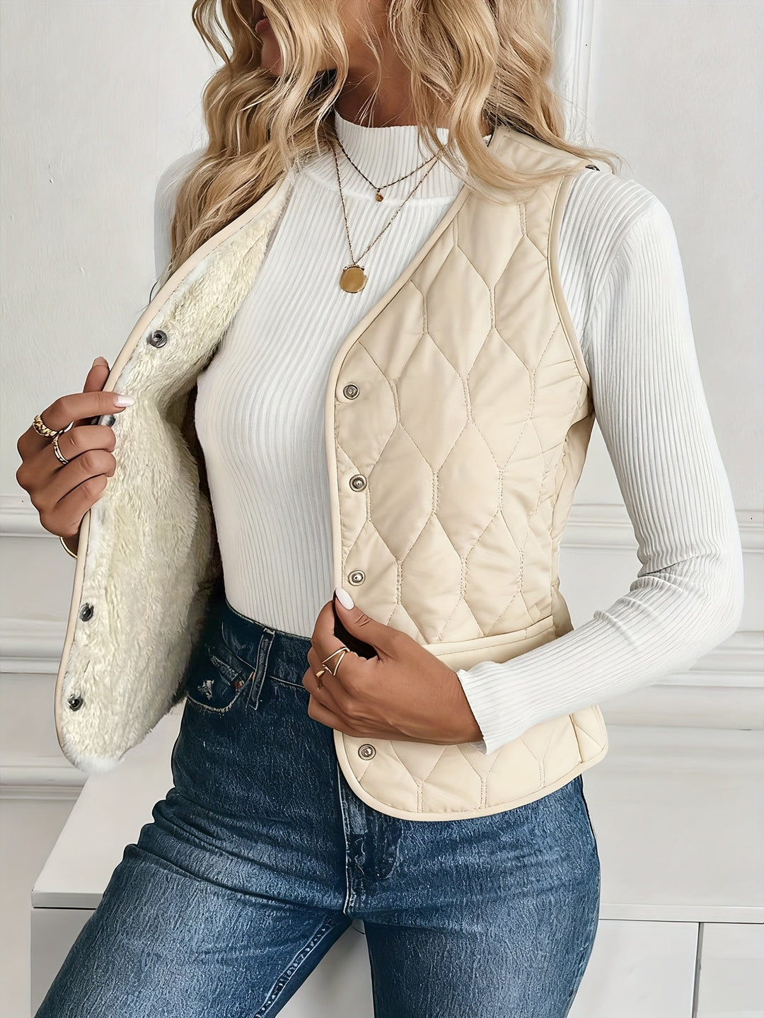 Men's quilted bomber vest with warm sherpa lining. Stylish winter layering outerwear for casual comfort.