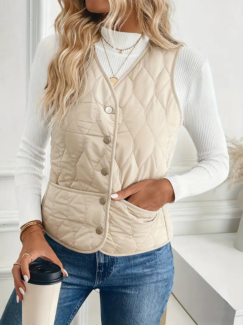 Close-up of men's quilted vest showing textured fabric & soft sherpa lining. Warm & stylish winter outerwear.