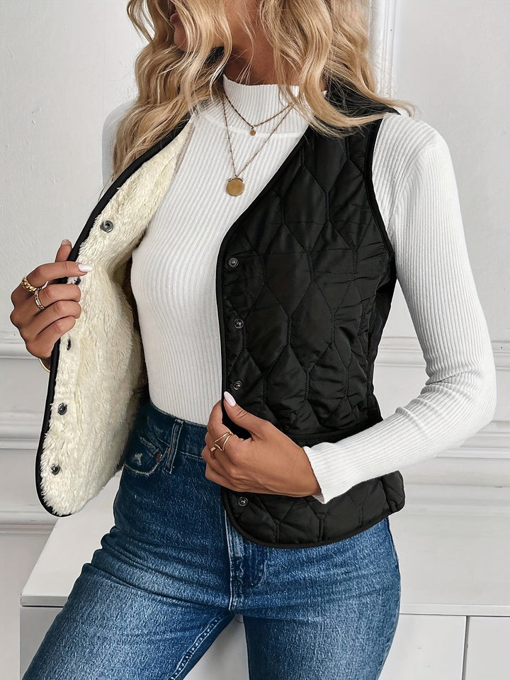 Back view of men's stylish quilted bomber vest featuring warm sherpa lining. Essential winter layering outerwear.