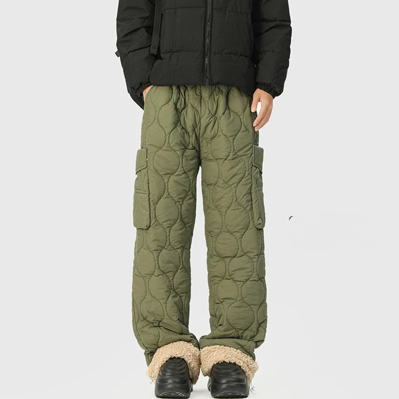 Comfortable men's quilted pants with soft fleece lining & relaxed fit, perfect for winter wear.