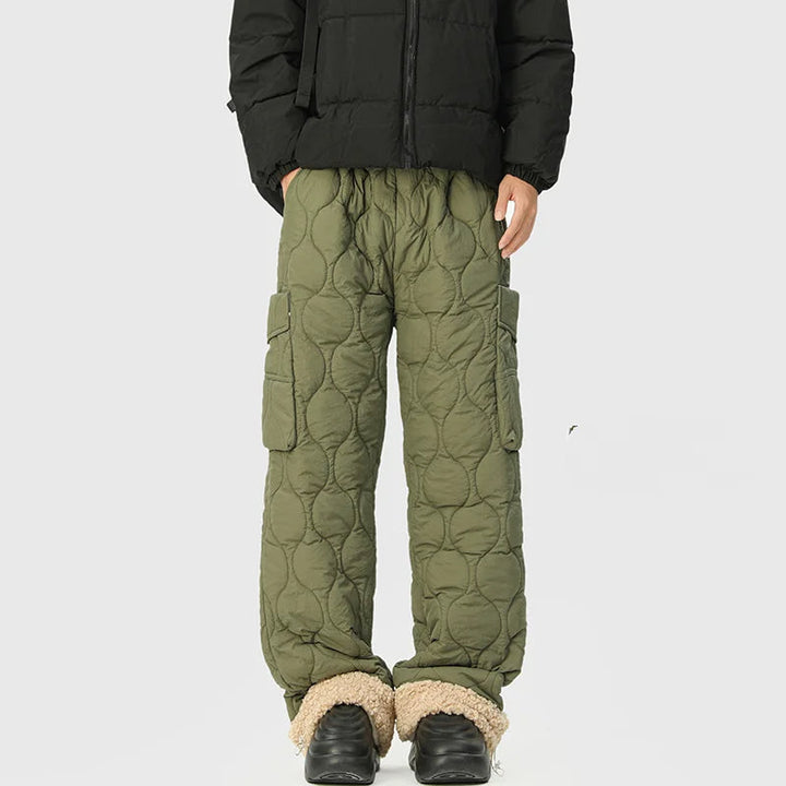 Comfortable men's quilted pants with soft fleece lining & relaxed fit, perfect for winter wear.