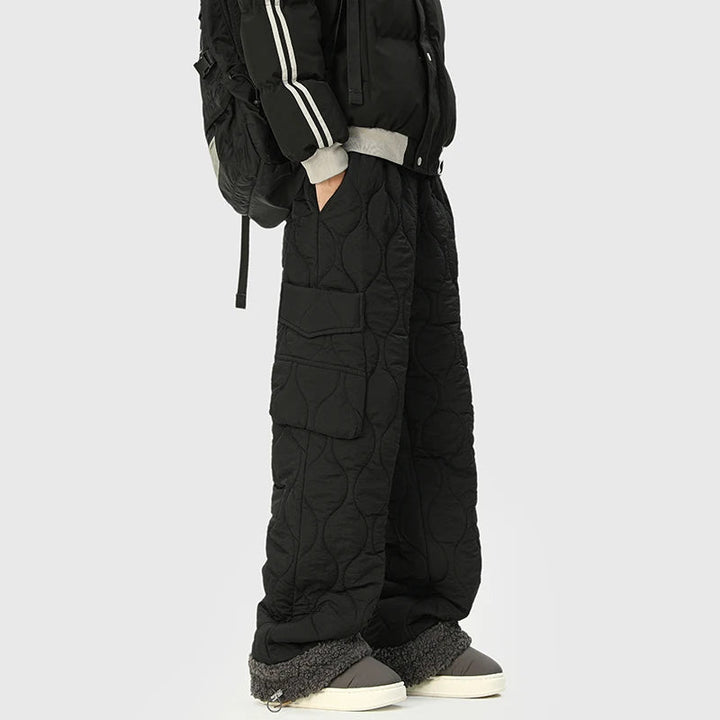 Men's warm quilted fleece-lined trousers for cold weather. Comfortable winter wear & outdoor gear.
