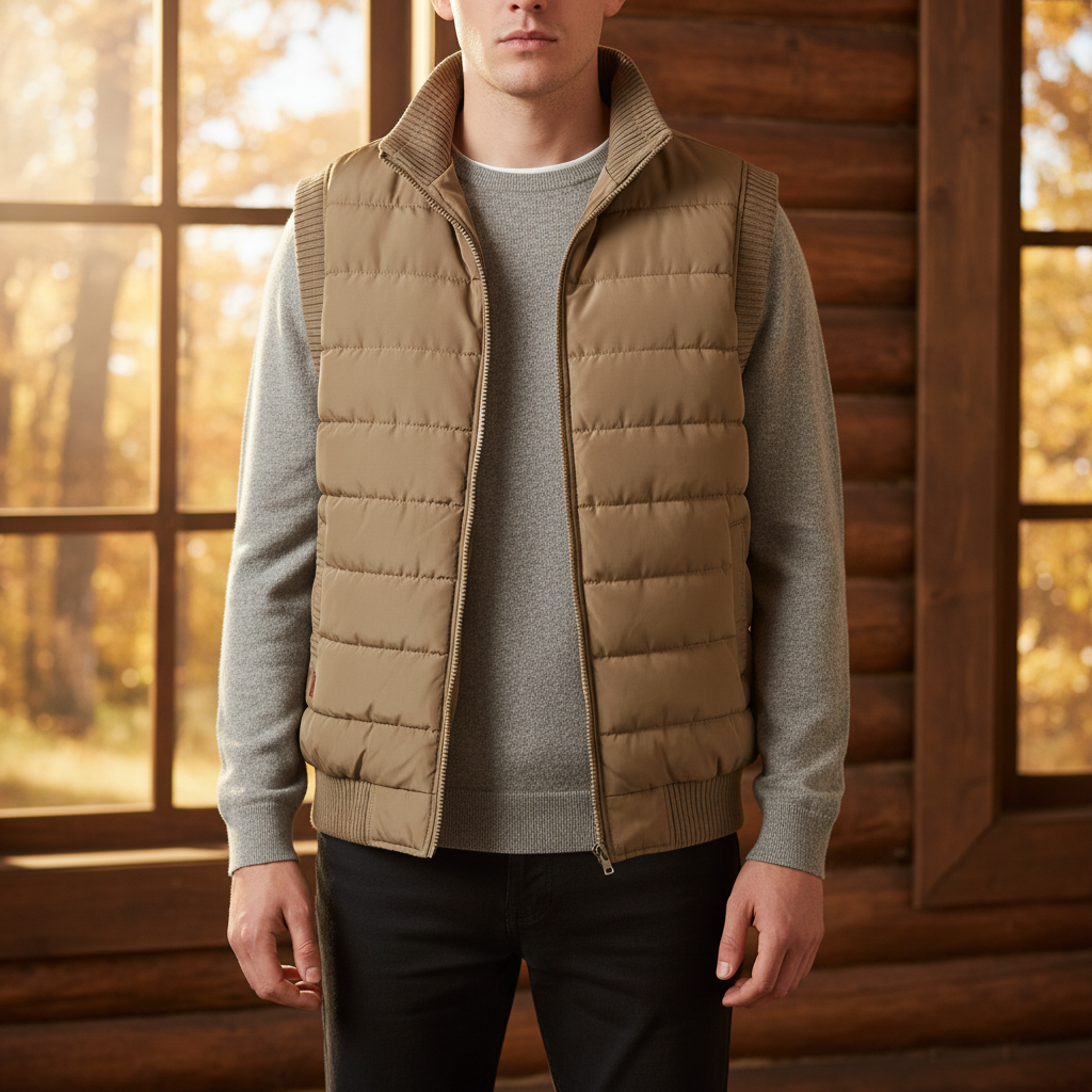 Men's quilted lightweight puffer vest in black, a versatile winter outerwear piece for insulation and layering