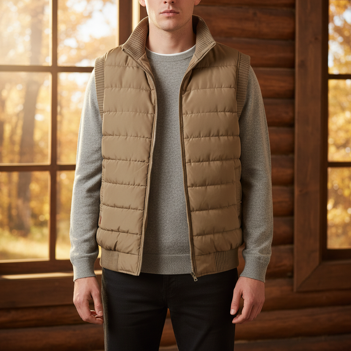 Men's quilted lightweight puffer vest in black, a versatile winter outerwear piece for insulation and layering