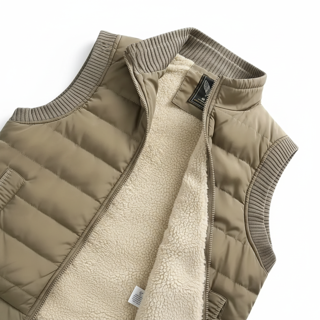 Close-up of a men's black puffer vest with diamond quilting, showing texture and lightweight design