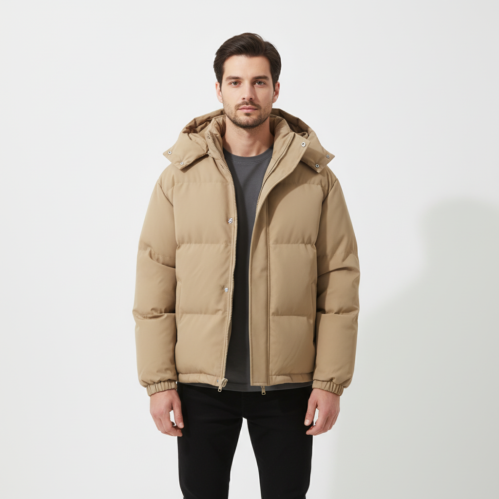 Padded men's jacket with hood, stylish and warm outerwear