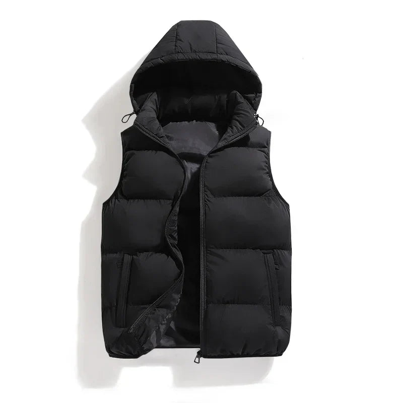 Men's quilted utility vest with detachable hood. Ideal for layering, spring/fall outerwear, and everyday casual wear.