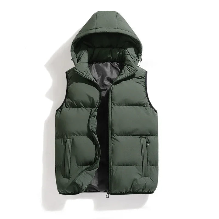 Practical men's quilted utility vest with detachable hood & zipper pockets. Excellent travel vest or casual outerwear.