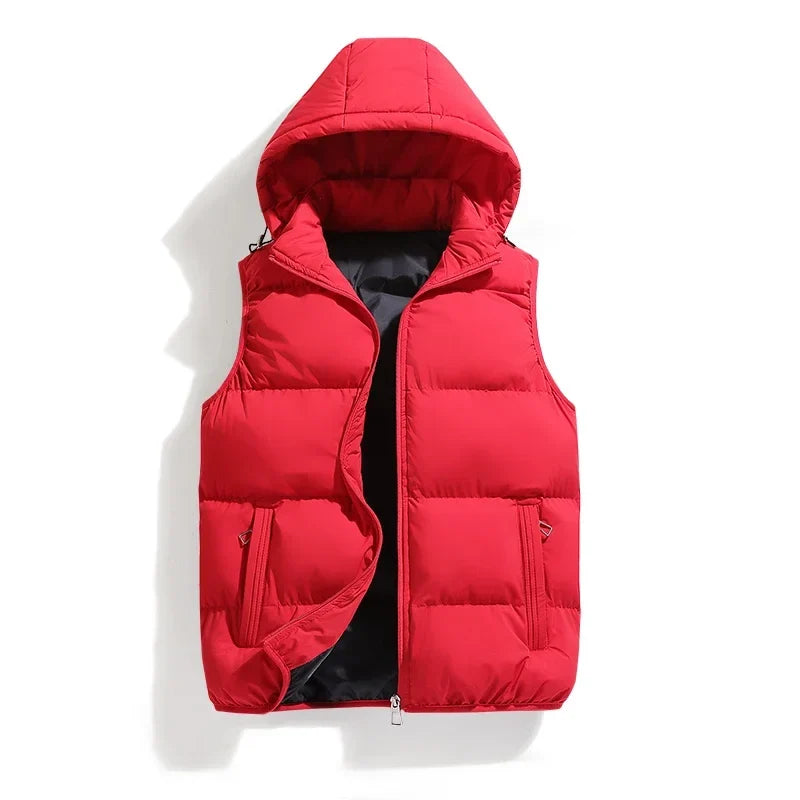 Versatile men's quilted vest with detachable hood. Perfect for layering outerwear in spring or fall, enhancing men's fashion.