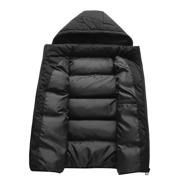 Back view of men's quilted utility vest, highlighting the quilted pattern and sleek design with a detachable hood.