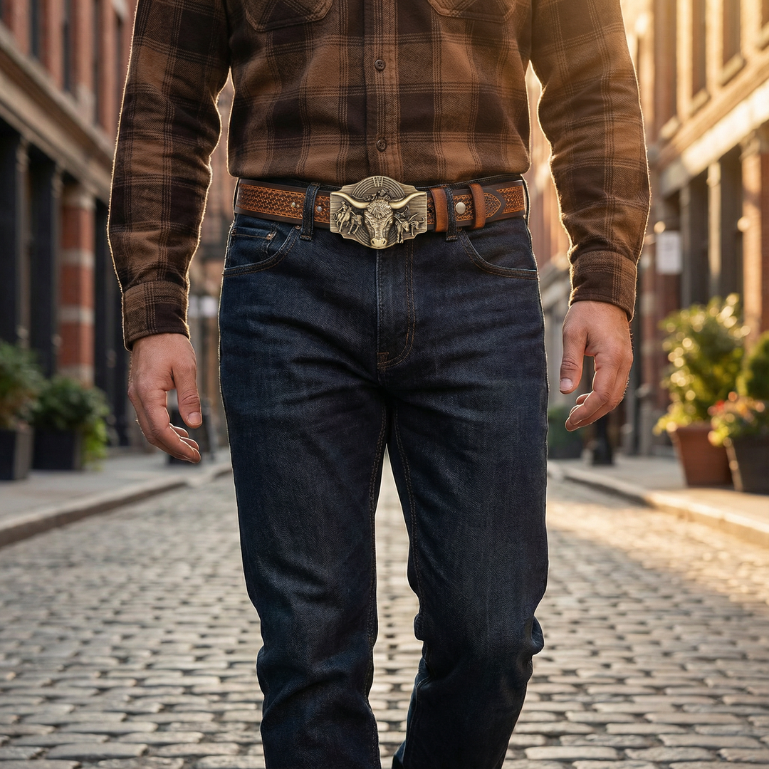 Men's rancher belt with detailed cow head embossed buckle. Western leather style accessory.