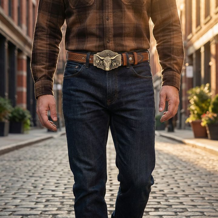 Men's rancher belt with detailed cow head embossed buckle. Western leather style accessory.